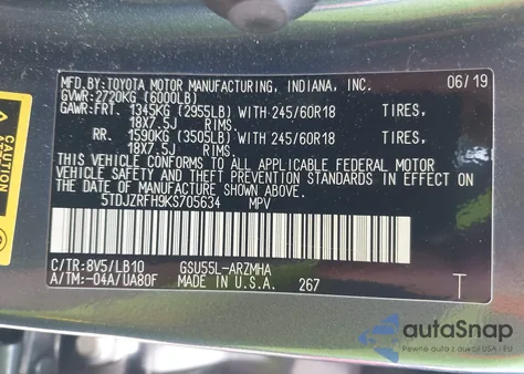 2019 Toyota Highlander Xle z USA, uszkodzony, nr VIN 5TDJZRFH9KS705634